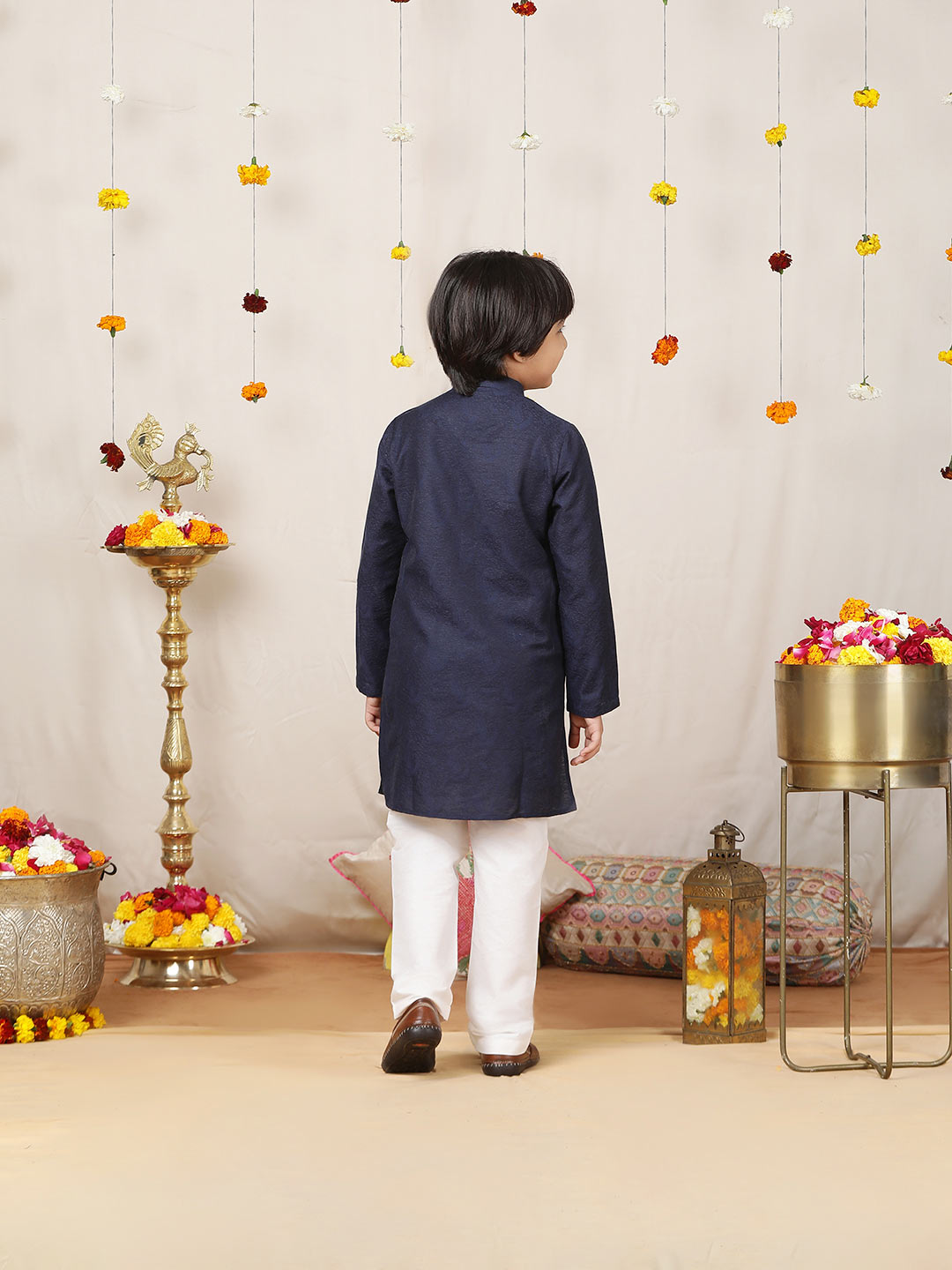 Boy's Navy Blue Handwoven Jacquard Cotton Straight Kurta with Pyjama