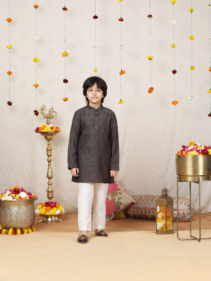 Boy's Dark Brown Handwoven Jacquard Cotton Straight Kurta with Pyjama