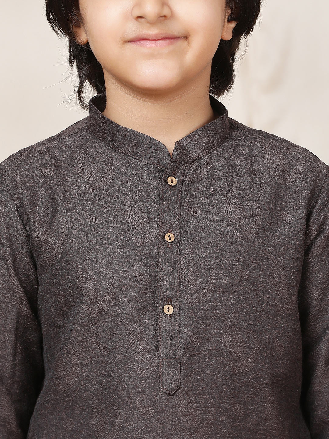 Boy's Dark Brown Handwoven Jacquard Cotton Straight Kurta with Pyjama