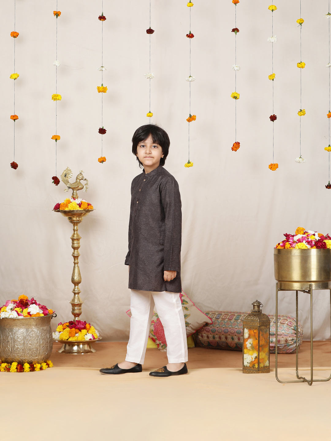 Boy's Dark Brown Handwoven Jacquard Cotton Straight Kurta with Pyjama