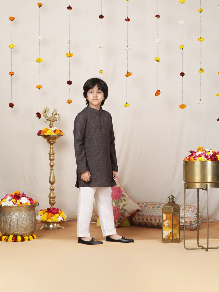 Boy's Dark Brown Handwoven Jacquard Cotton Straight Kurta with Pyjama