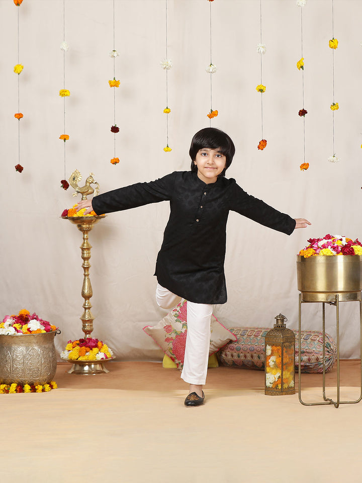 Boy's Black Handwoven Jacquard Motif Cotton Straight Kurta with Pyjama