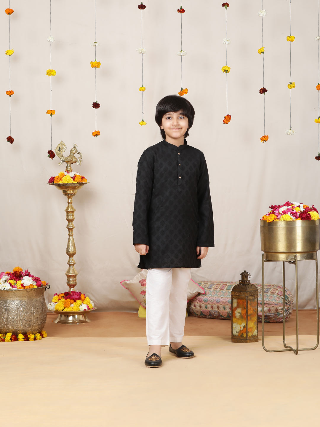 Boy's Black Handwoven Jacquard Motif Cotton Straight Kurta with Pyjama