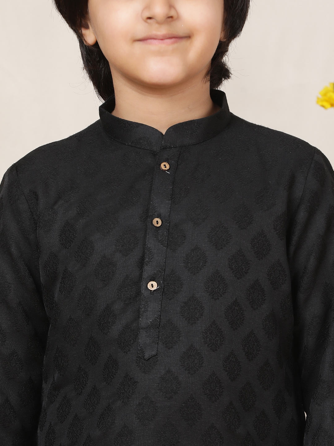 Boy's Black Handwoven Jacquard Motif Cotton Straight Kurta