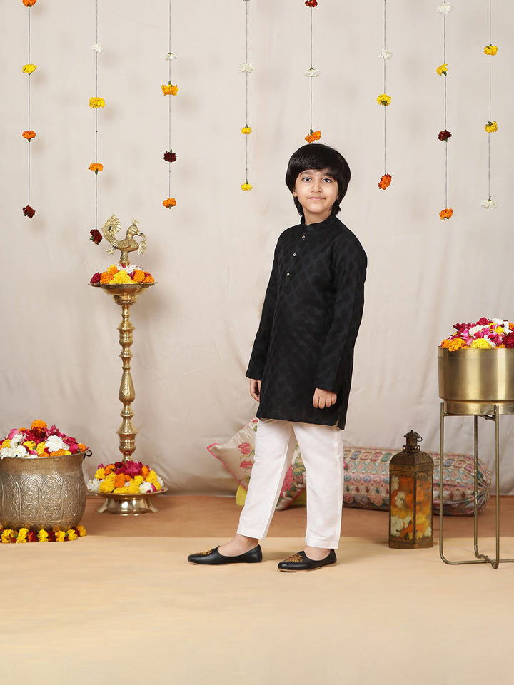 Boy's Black Handwoven Jacquard Motif Cotton Straight Kurta