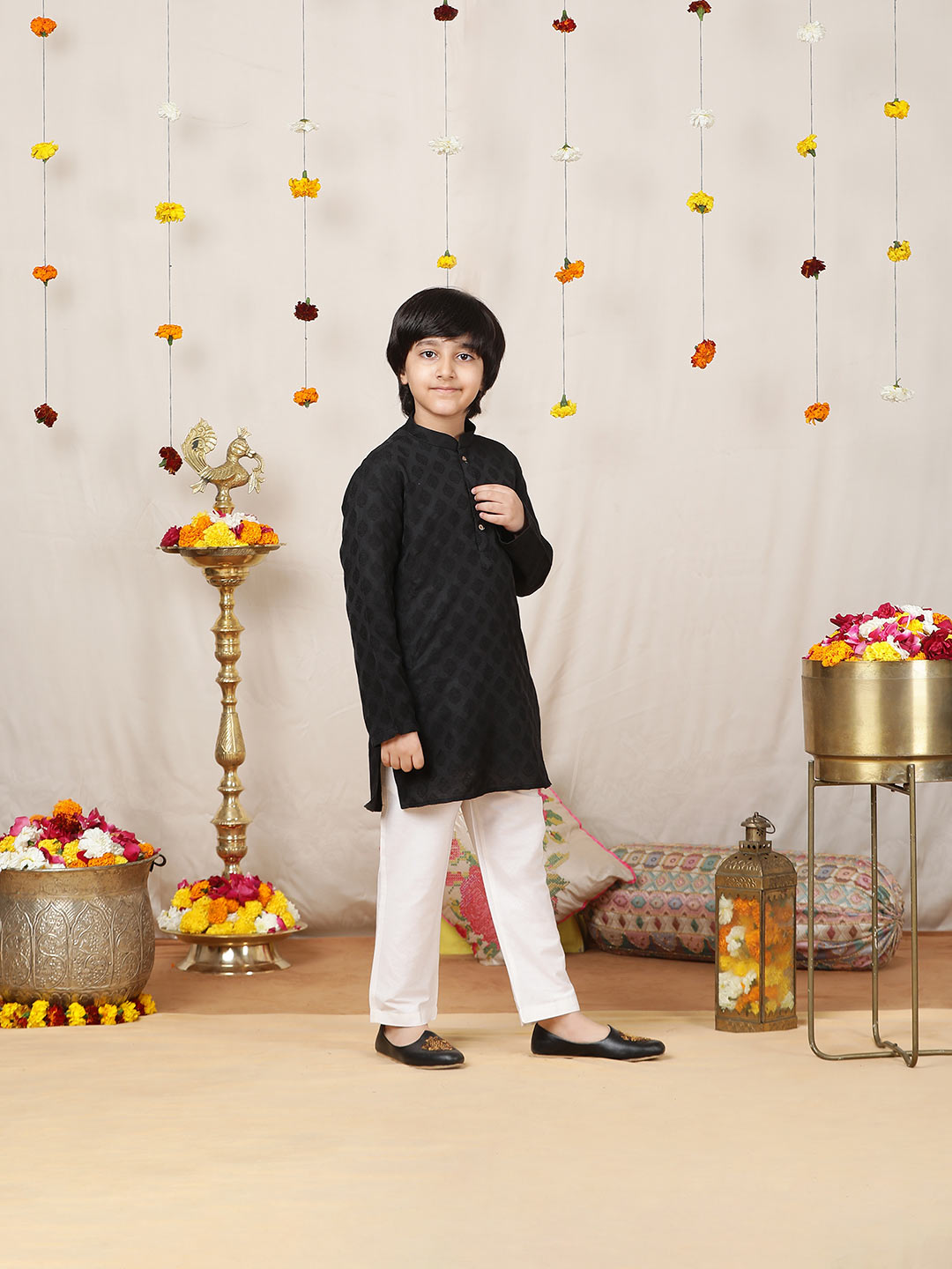 Boy's Black Handwoven Jacquard Motif Cotton Straight Kurta with Pyjama