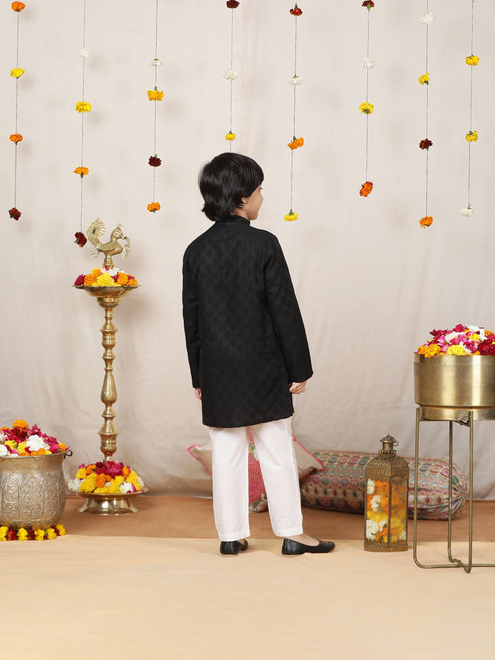 Boy's Black Handwoven Jacquard Motif Cotton Straight Kurta