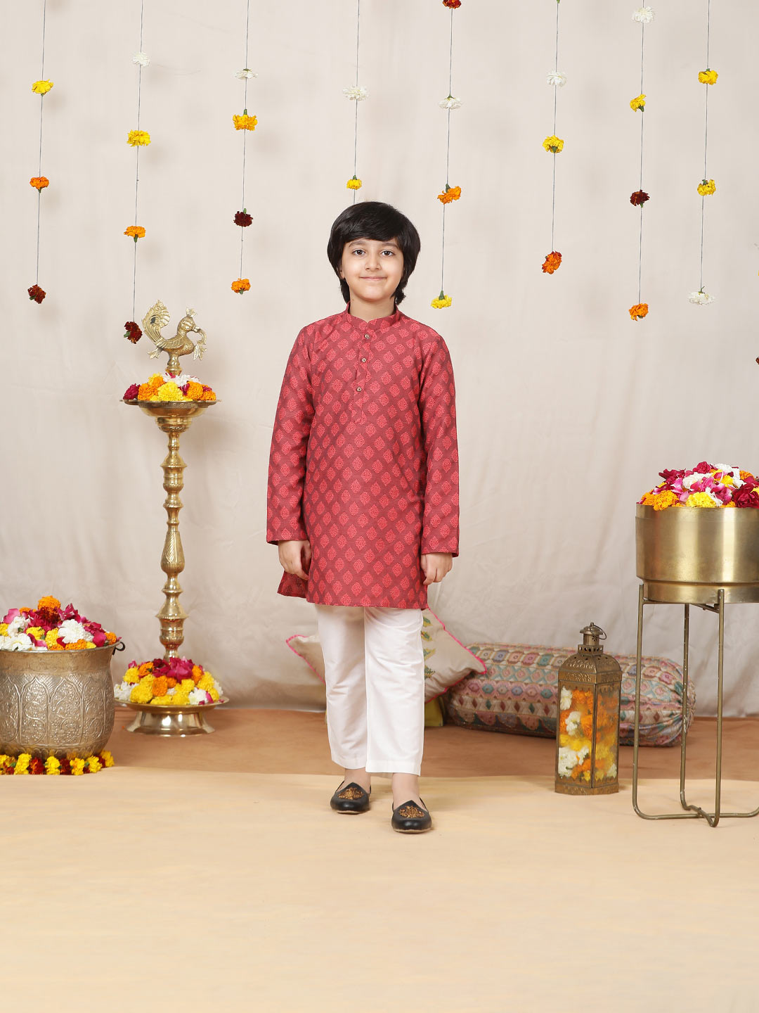 Boy's Red Handwoven Jacquard Motif Cotton Straight Kurta with Pyjama