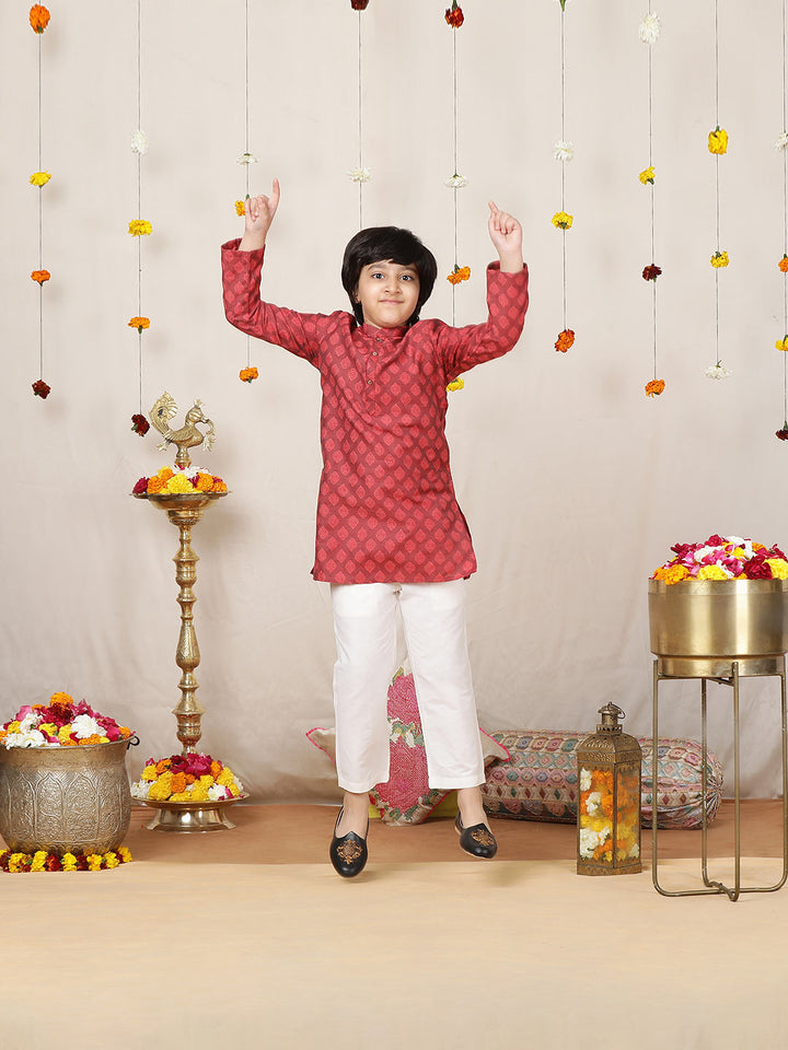 Boy's Red Handwoven Jacquard Motif Cotton Straight Kurta