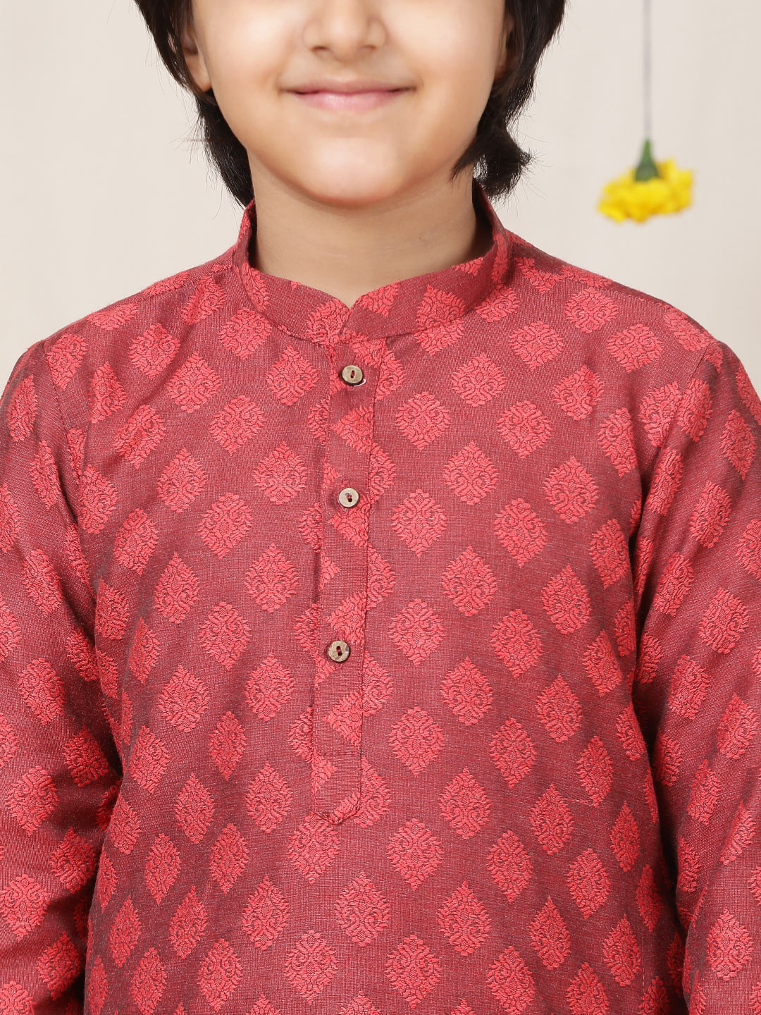 Boy's Red Handwoven Jacquard Motif Cotton Straight Kurta with Pyjama