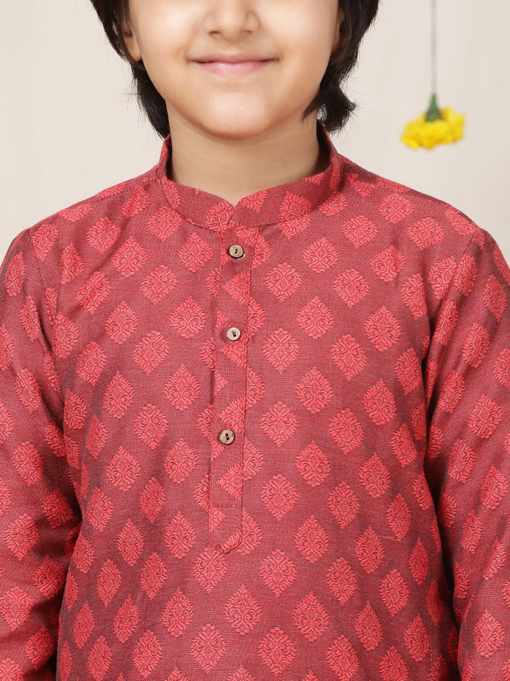 Boy's Red Handwoven Jacquard Motif Cotton Straight Kurta