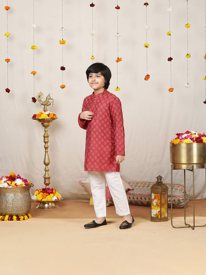 Boy's Red Handwoven Jacquard Motif Cotton Straight Kurta with Pyjama