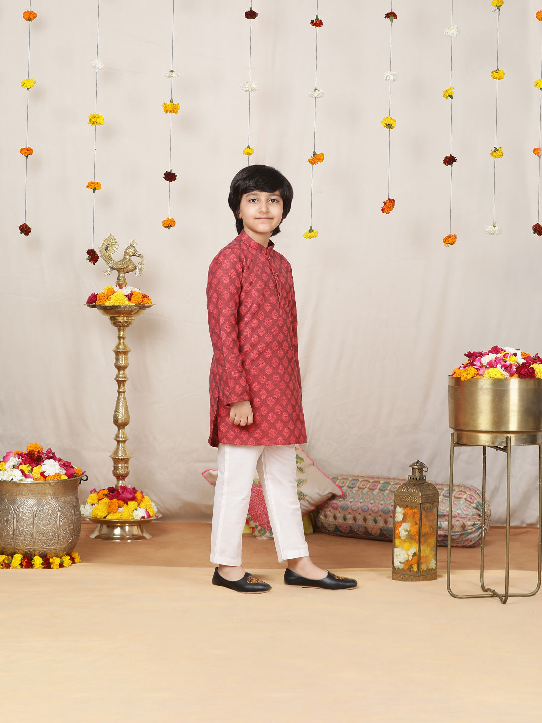 Boy's Red Handwoven Jacquard Motif Cotton Straight Kurta with Pyjama