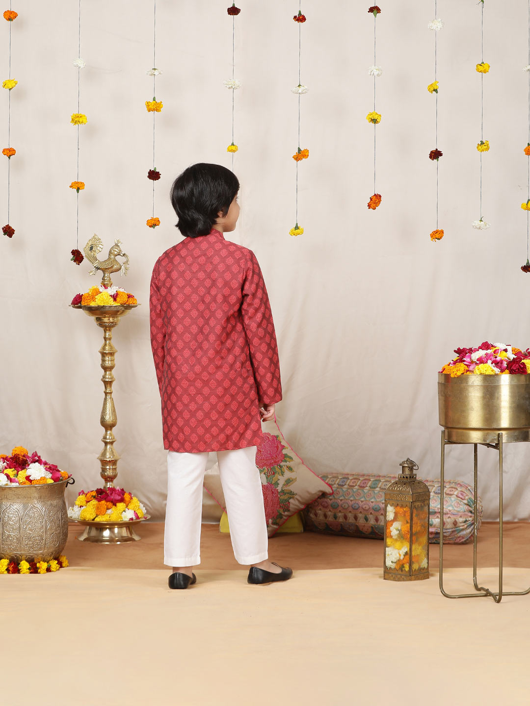 Boy's Red Handwoven Jacquard Motif Cotton Straight Kurta