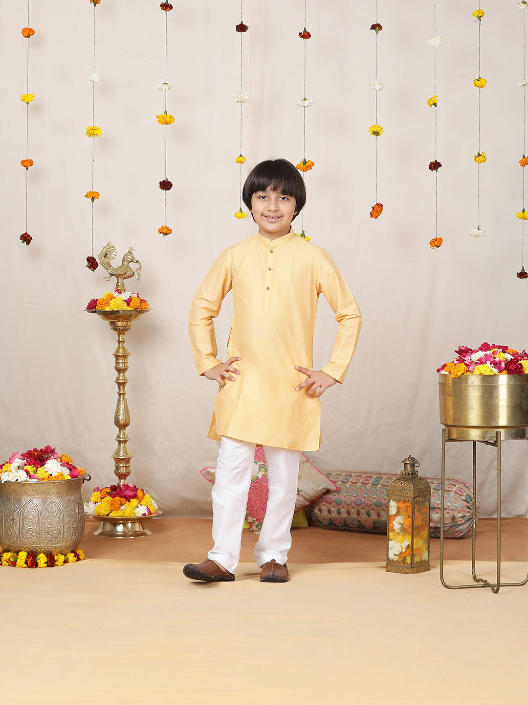 Boy's Light Yellow Solid Cotton Dulux Straight Kurta with Pyjama