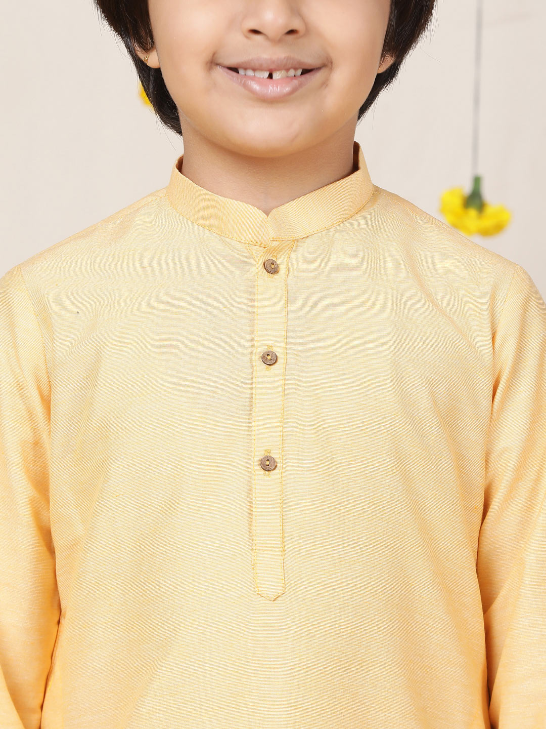 Boy's Light Yellow Solid Cotton Dulux Straight Kurta with Pyjama