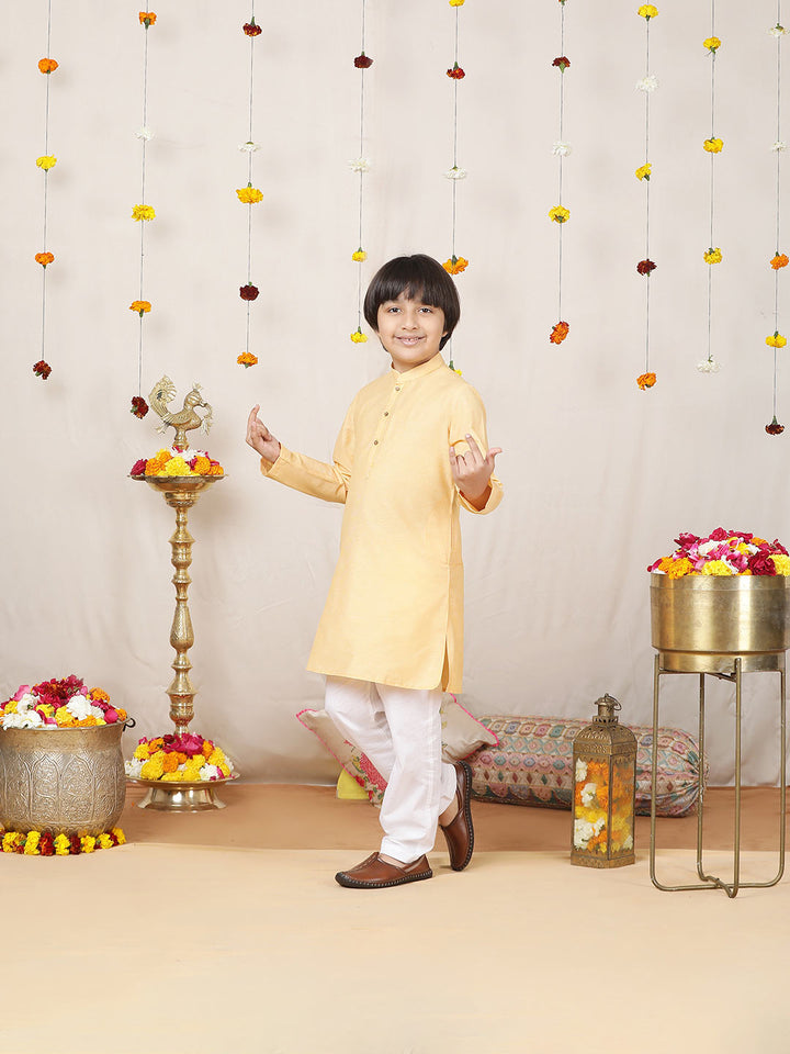 Boy's Light Yellow Solid Cotton Dulux Straight Kurta with Pyjama