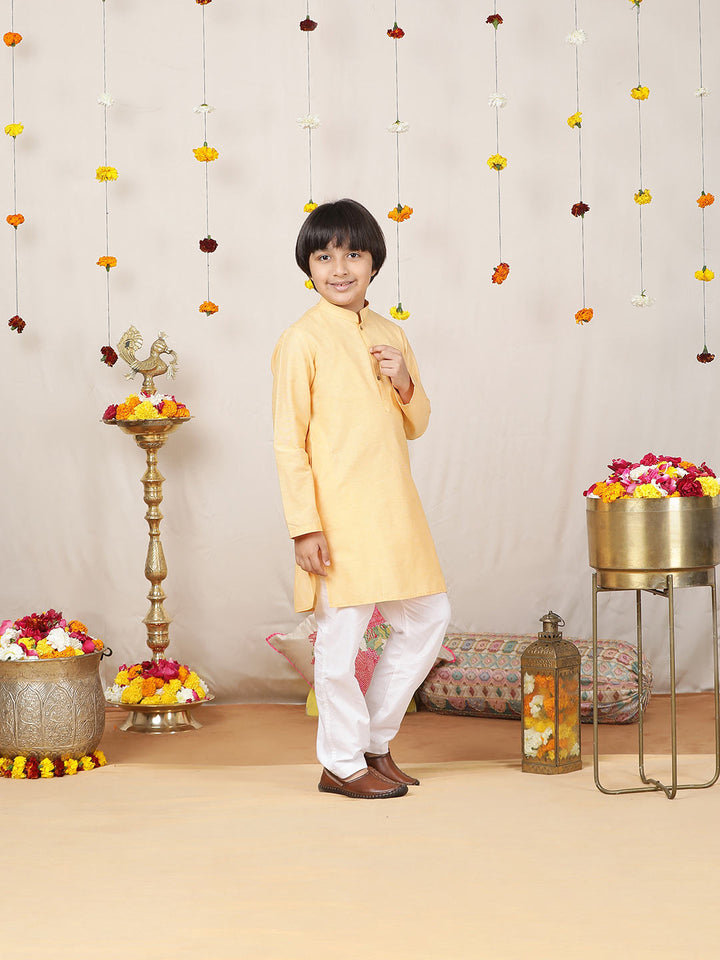 Boy's Light Yellow Solid Cotton Dulux Straight Kurta with Pyjama