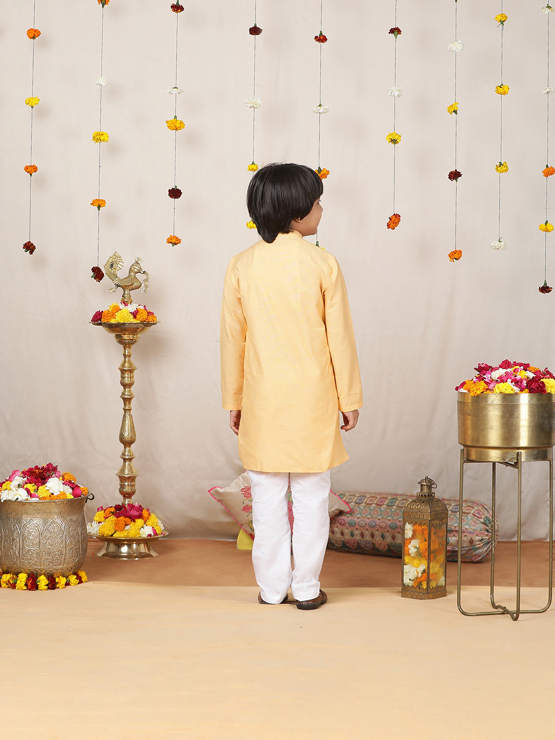 Boy's Light Yellow Solid Cotton Dulux Straight Kurta with Pyjama