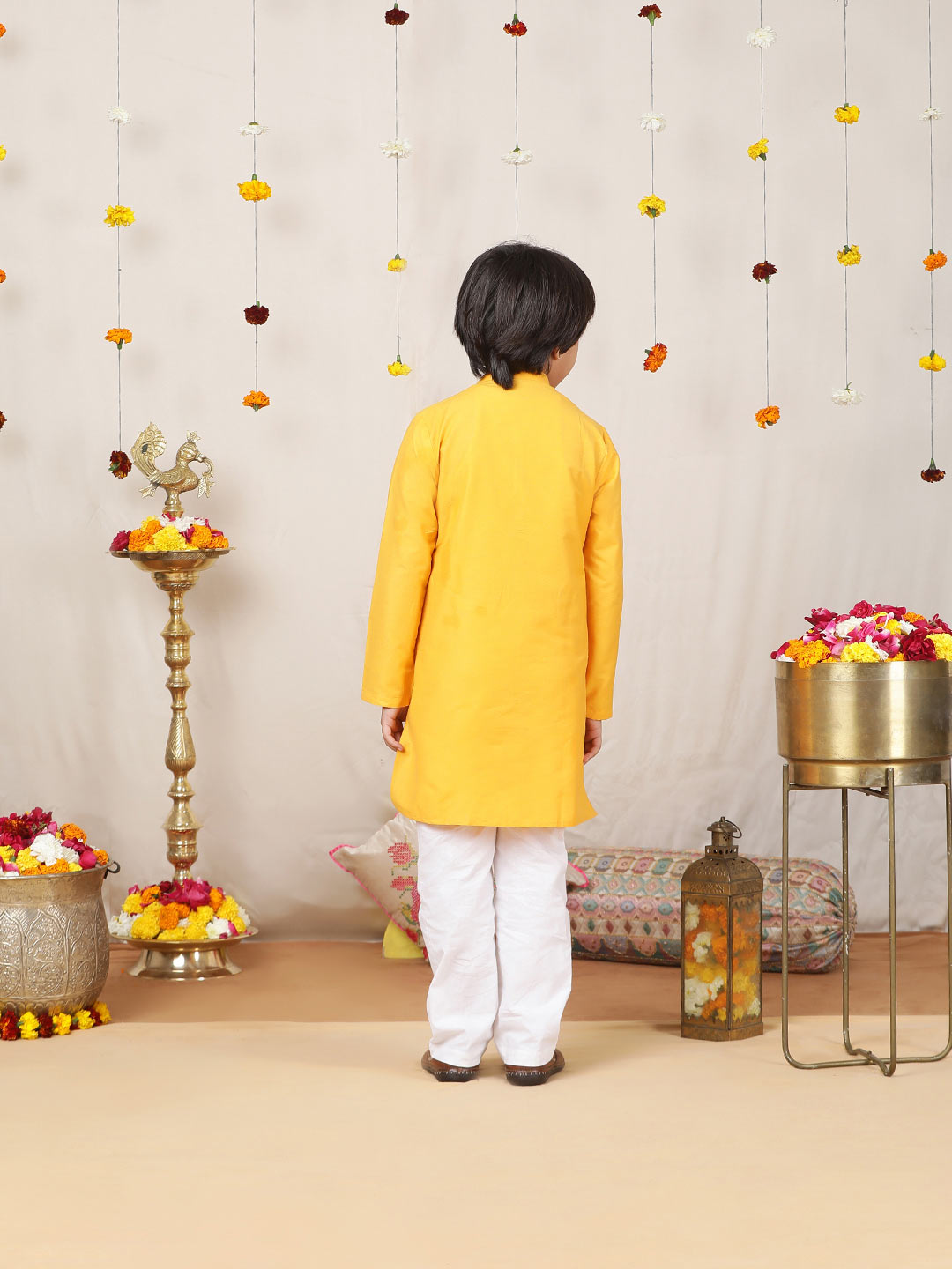 Boy's Yellow Solid Cotton Dulux Straight Kurta with Pyjama