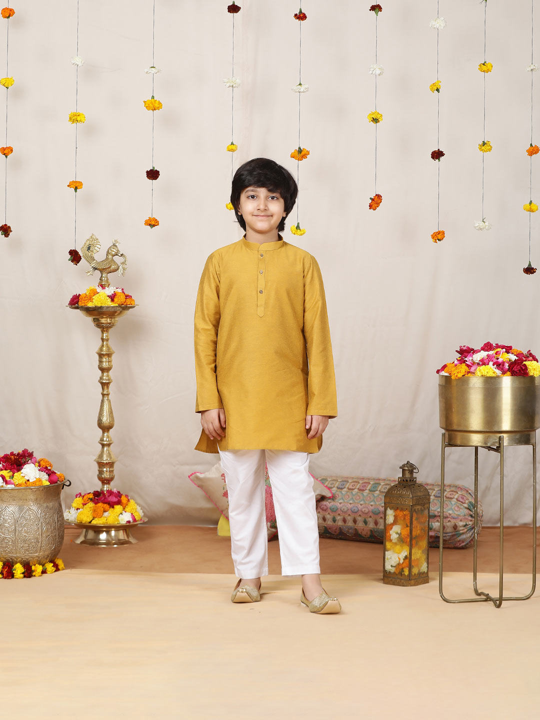 Boy's Golden Solid Cotton Dulux Straight Kurta