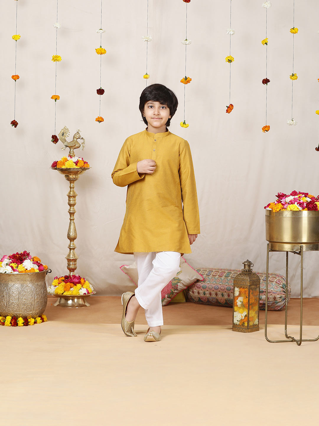 Boy's Golden Solid Cotton Dulux Straight Kurta