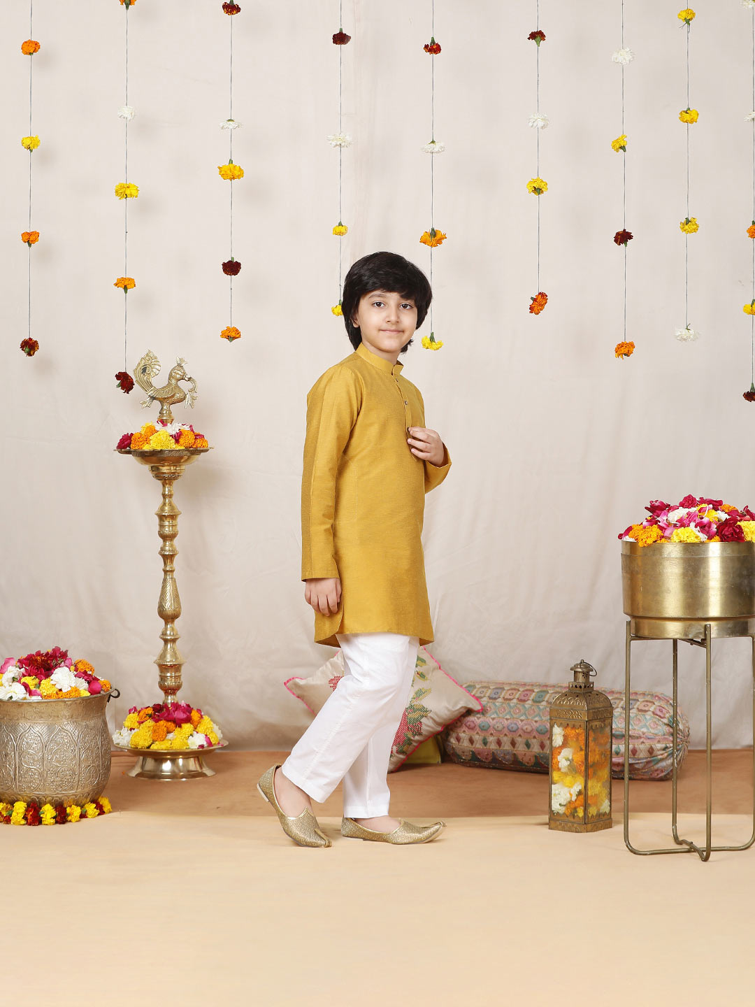 Boy's Golden Solid Cotton Dulux Straight Kurta with Pyjama