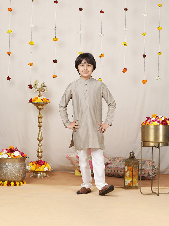 Boy's Khaki Solid Cotton Dulux Straight Kurta with Pyjama