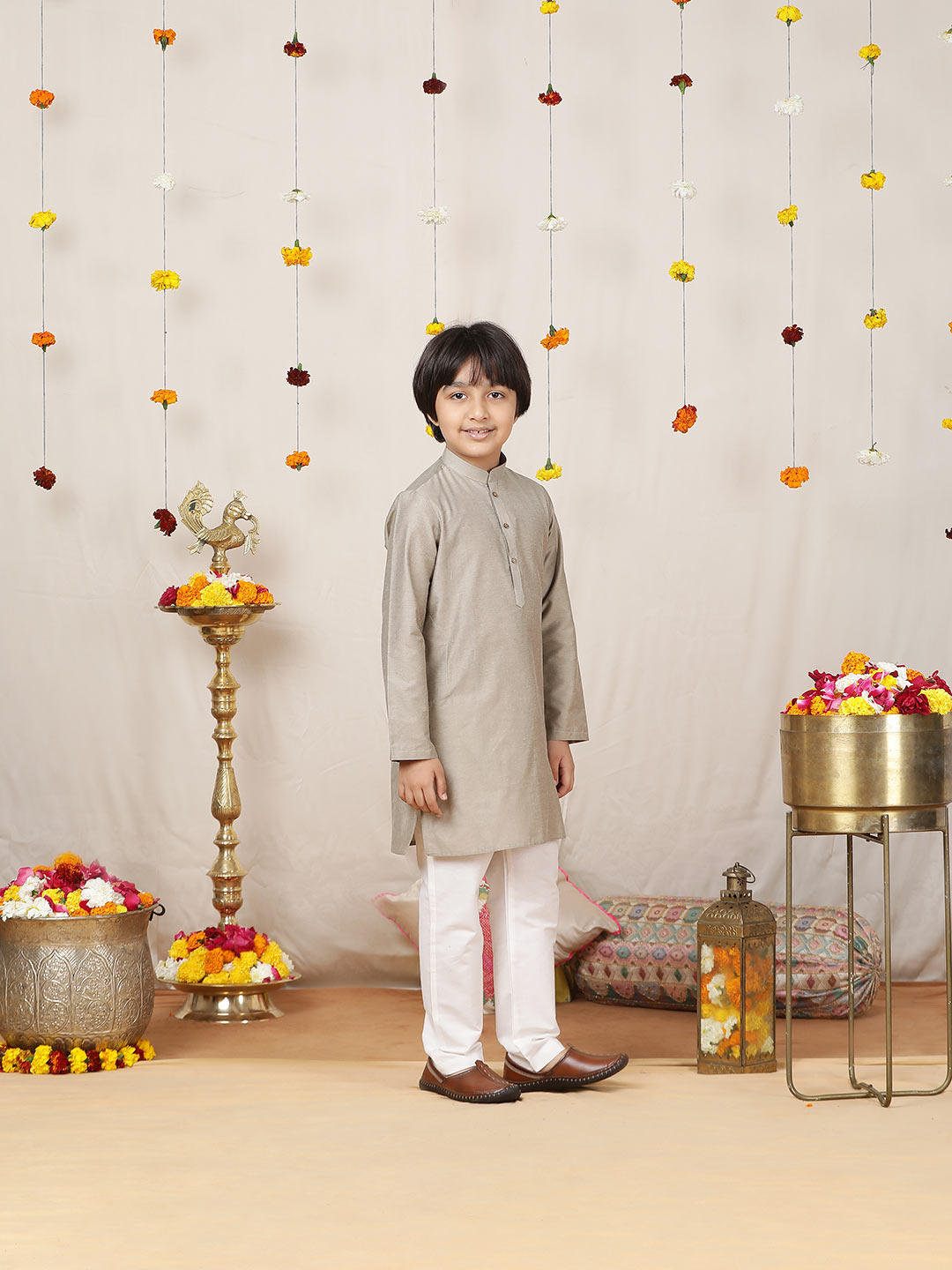 Boy's Khaki Solid Cotton Dulux Straight Kurta