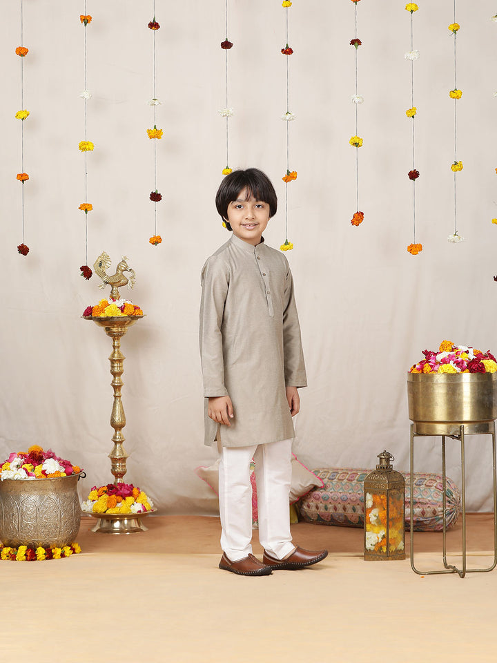 Boy's Khaki Solid Cotton Dulux Straight Kurta with Pyjama