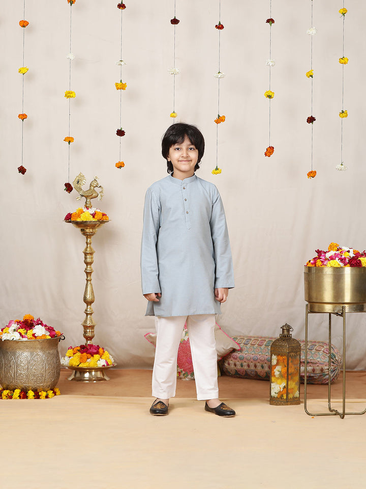 Boy's Light Blue Solid Cotton Dulux Straight Kurta with Pyjama