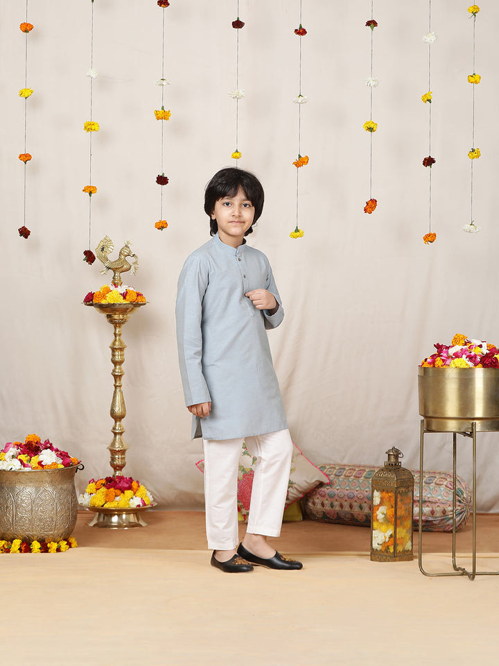 Boy's Light Blue Solid Cotton Dulux Straight Kurta with Pyjama