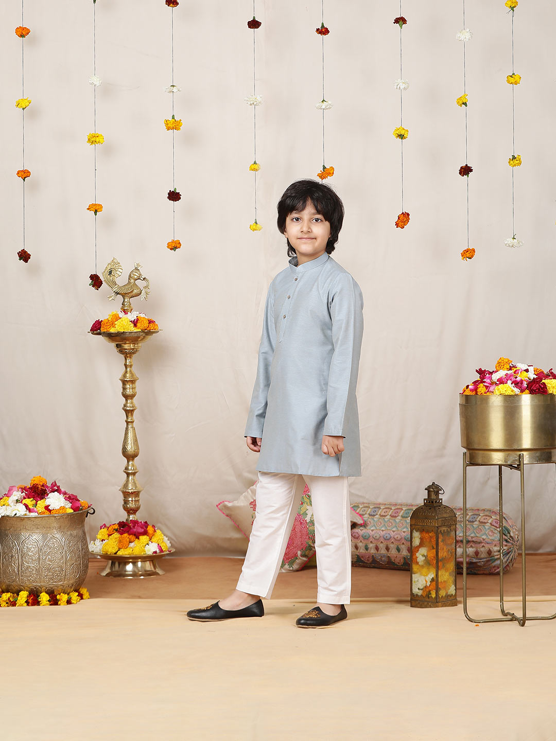 Boy's Light Blue Solid Cotton Dulux Straight Kurta with Pyjama