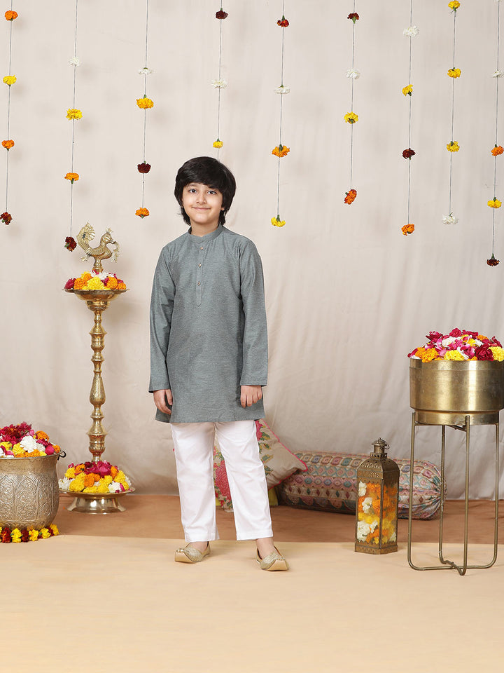 Boy's Dark Gray Solid Cotton Dulux Straight Kurta with Pyjama