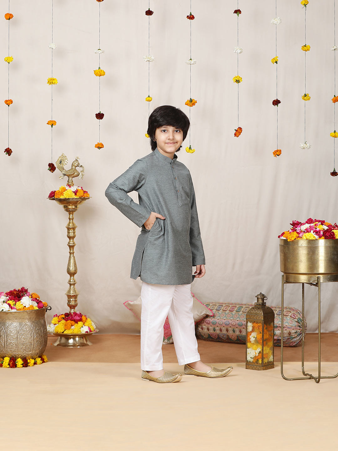 Boy's Dark Gray Solid Cotton Dulux Straight Kurta with Pyjama