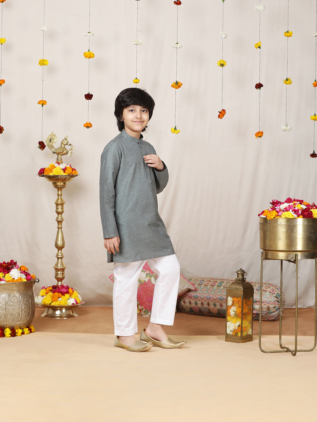 Boy's Dark Gray Solid Cotton Dulux Straight Kurta with Pyjama