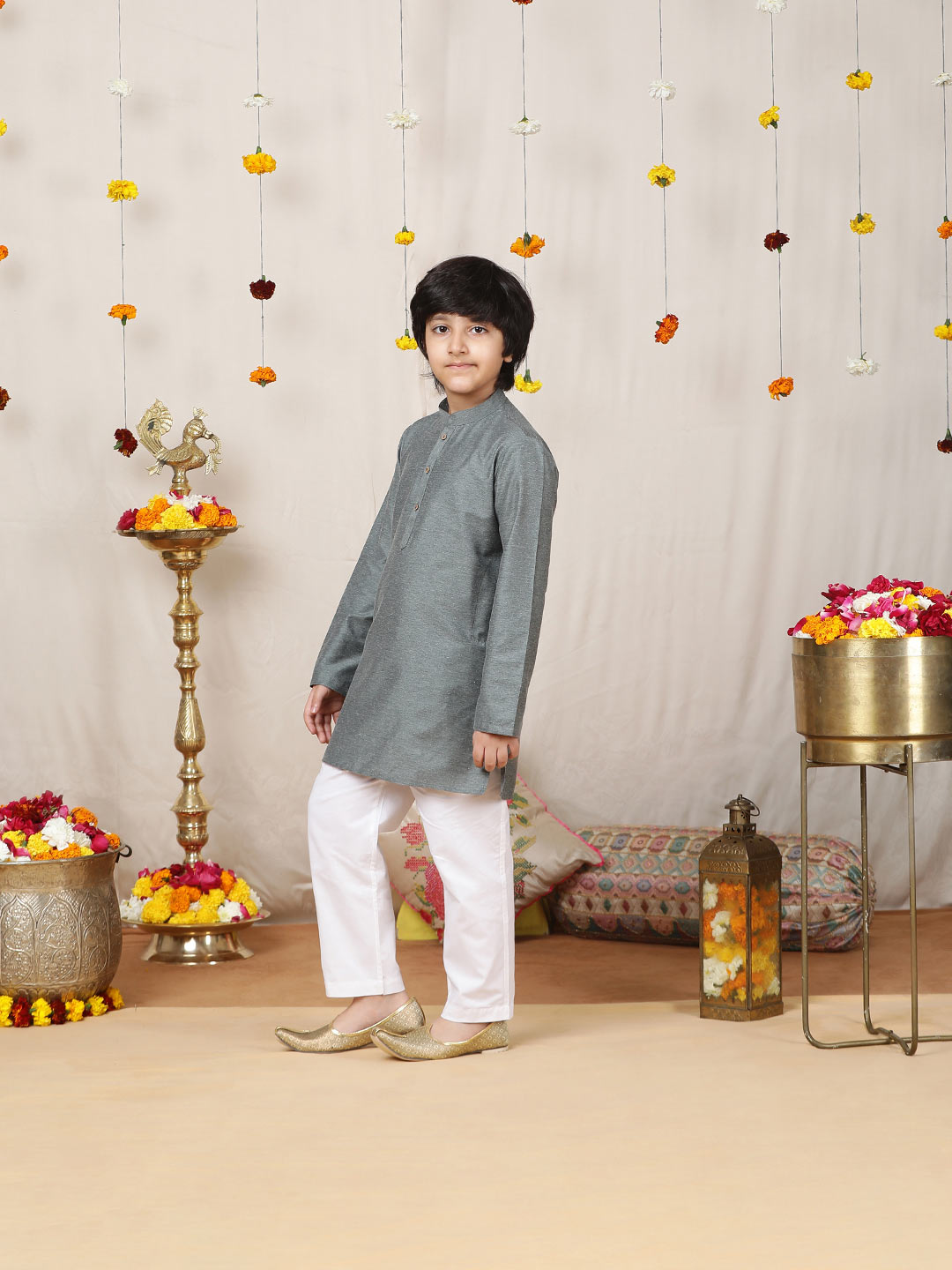 Boy's Dark Gray Solid Cotton Dulux Straight Kurta with Pyjama