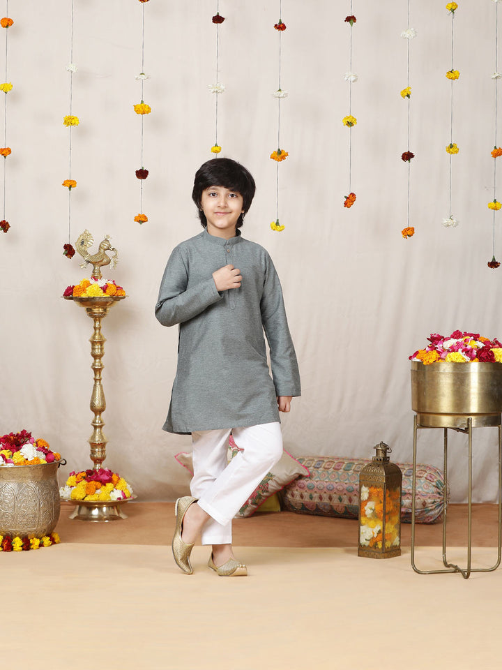 Boy's Dark Gray Solid Cotton Dulux Straight Kurta with Pyjama