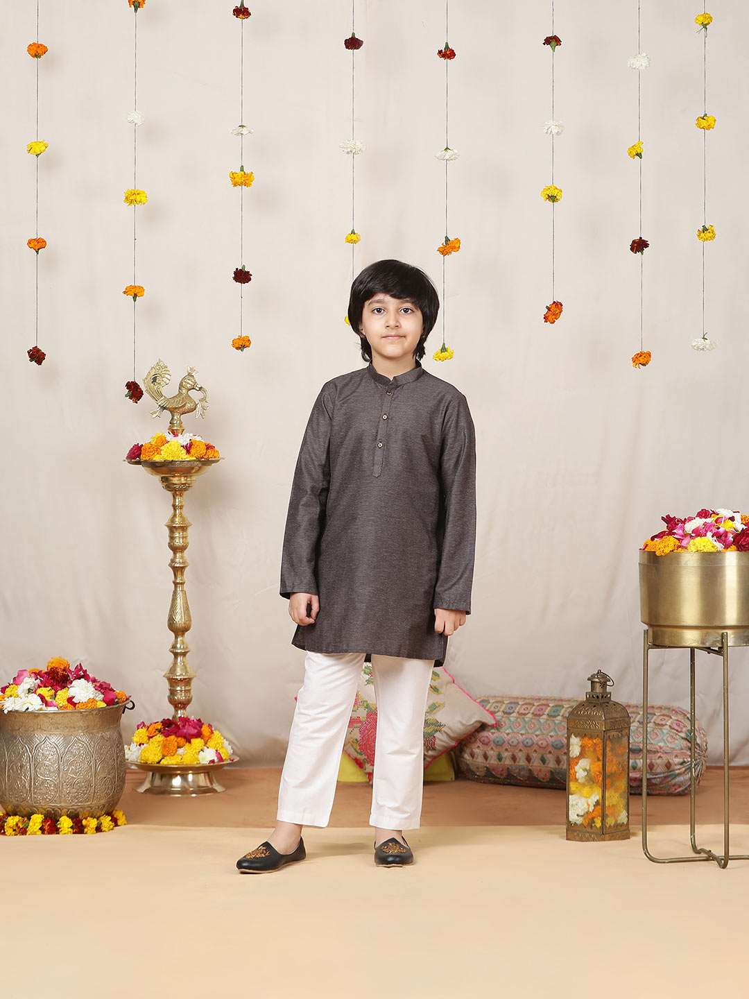 Boy's Dark Brown Solid Cotton Dulux Straight Kurta with Pyjama