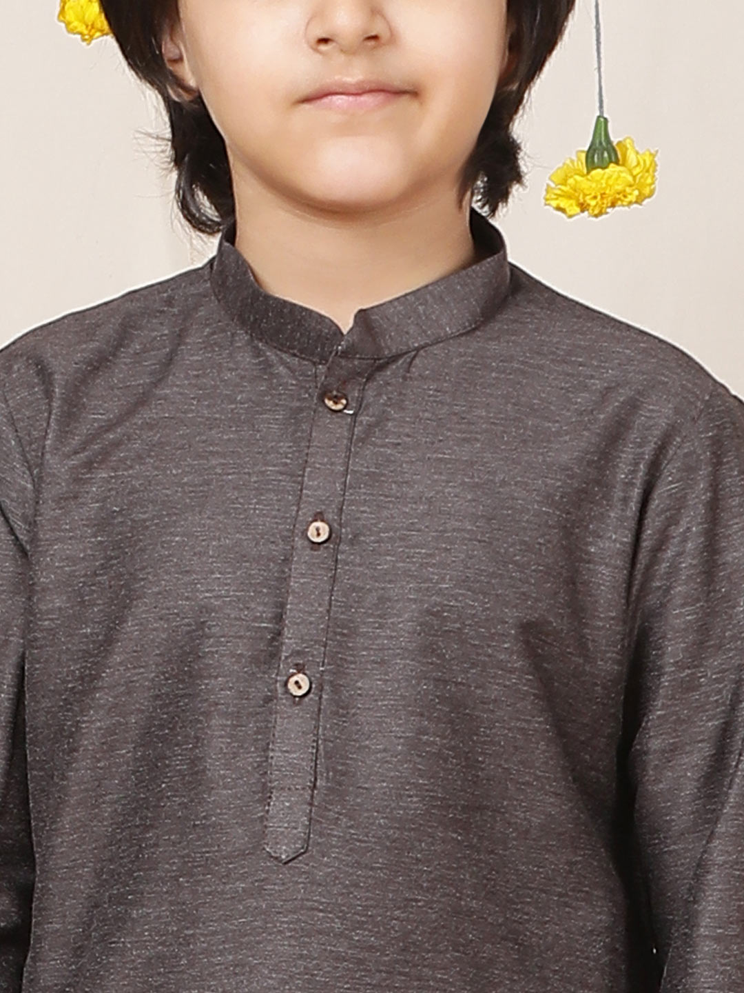 Boy's Dark Brown Solid Cotton Dulux Straight Kurta with Pyjama