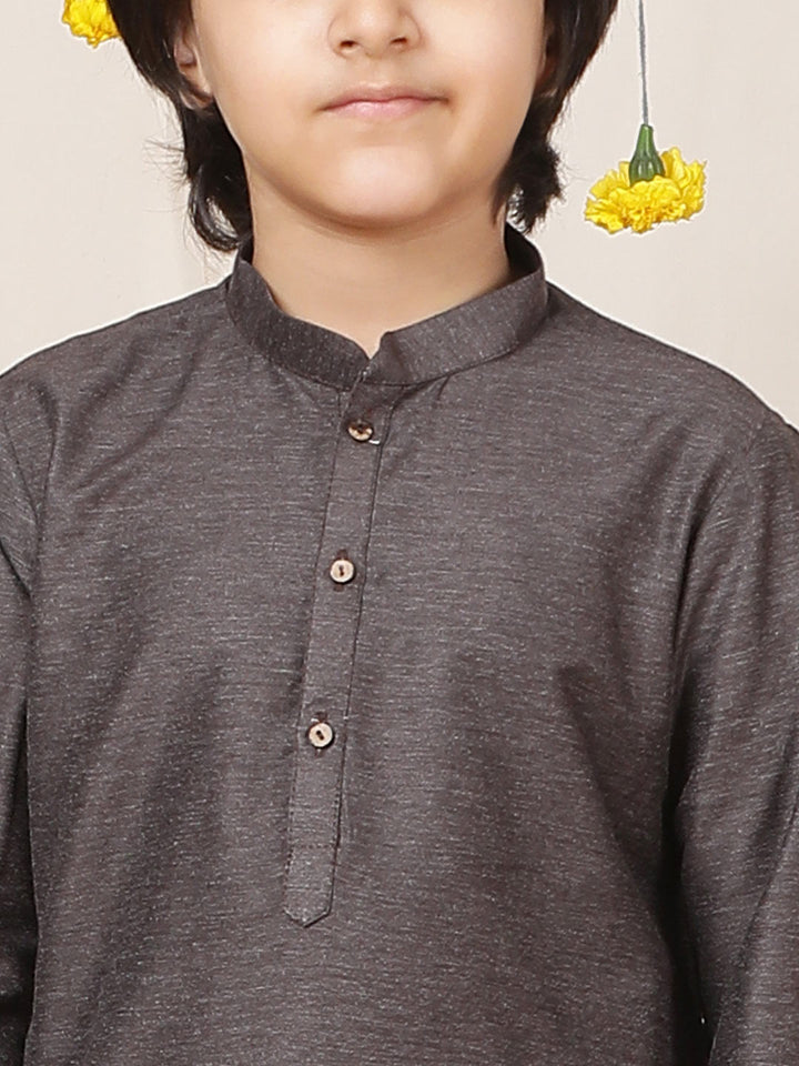 Boy's Dark Brown Solid Cotton Dulux Straight Kurta with Pyjama