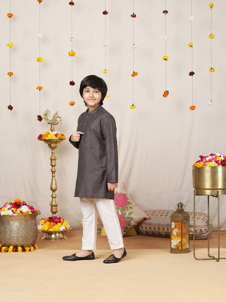 Boy's Dark Brown Solid Cotton Dulux Straight Kurta with Pyjama