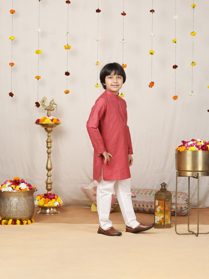 Boy's Red Solid Cotton Dulux Straight Kurta with Pyjama