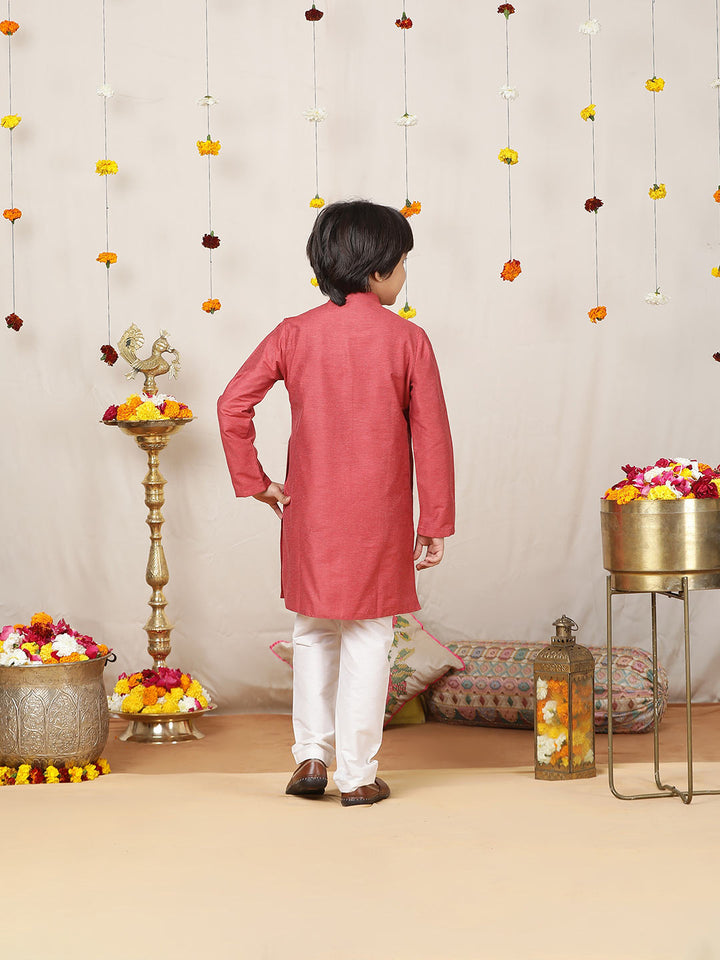 Boy's Red Solid Cotton Dulux Straight Kurta with Pyjama