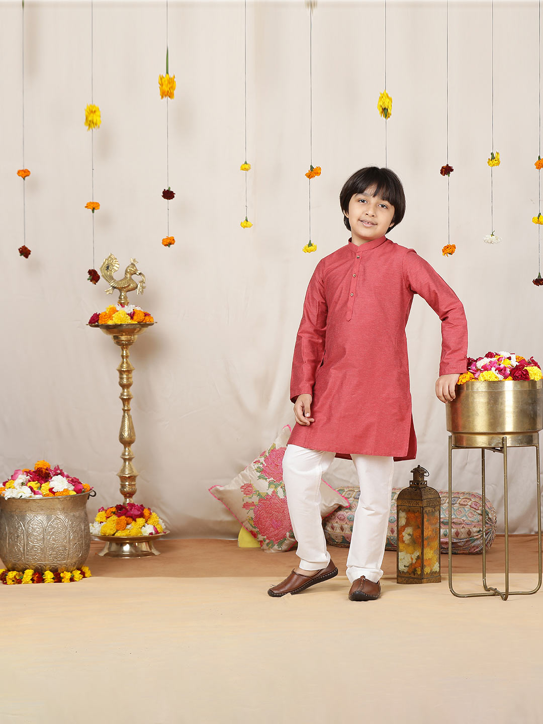 Boy's Red Solid Cotton Dulux Straight Kurta with Pyjama