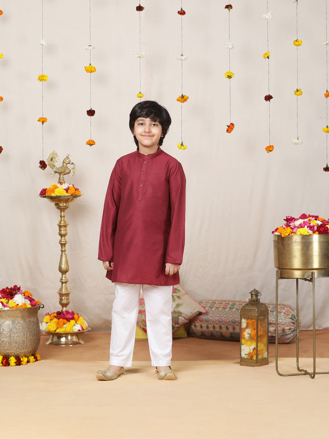 Boy's Maroon Solid Cotton Dulux Straight Kurta with Pyjama