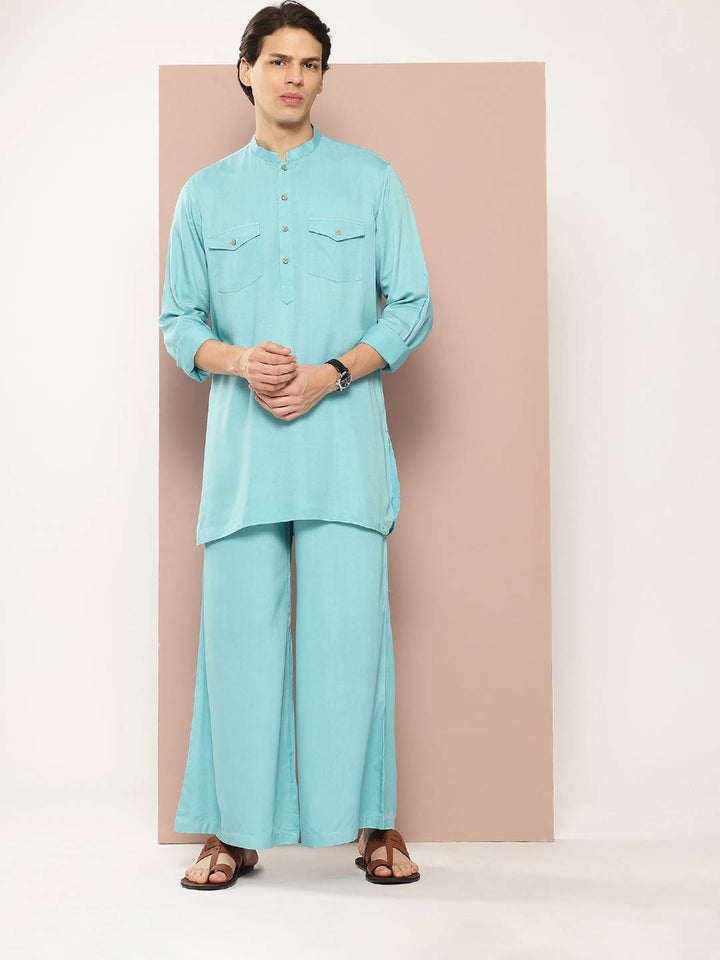 Men's Light Blue Rayon Solid Pathani Set