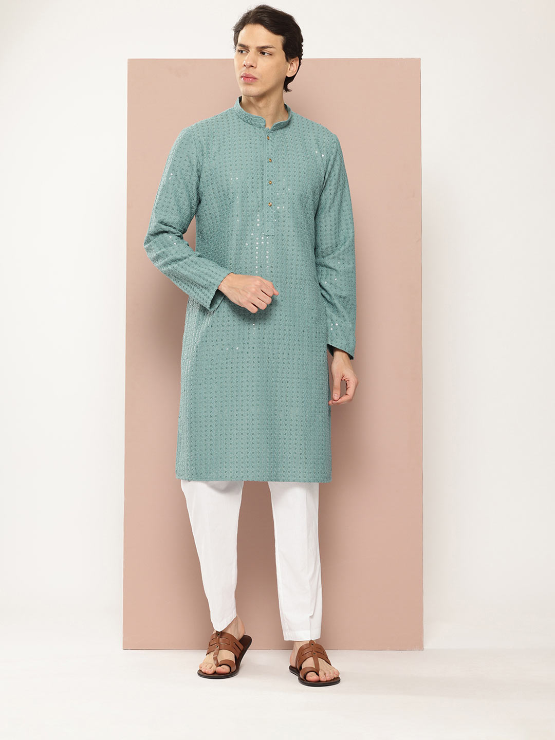 Men's Blue Sequin Embroidered Rayon Kurta, Paired with Pyjama