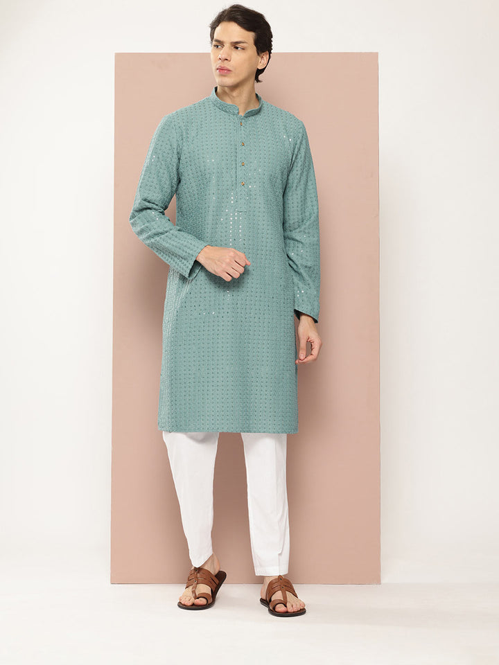 Men's Blue Sequin Embroidered Rayon Kurta, Paired with Pyjama