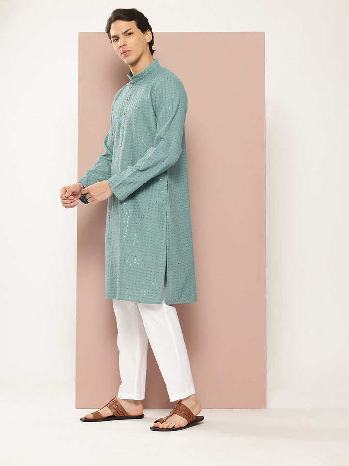 Men's Blue Sequin Embroidered Rayon Kurta, Paired with Pyjama